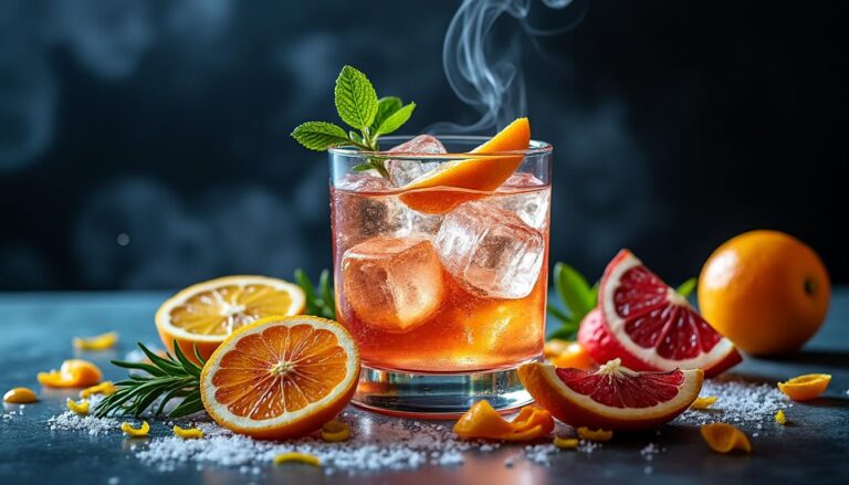L&rsquo;art du garnish (twist, écorces, herbes brûlées, fruits déshydratés, glace claire)