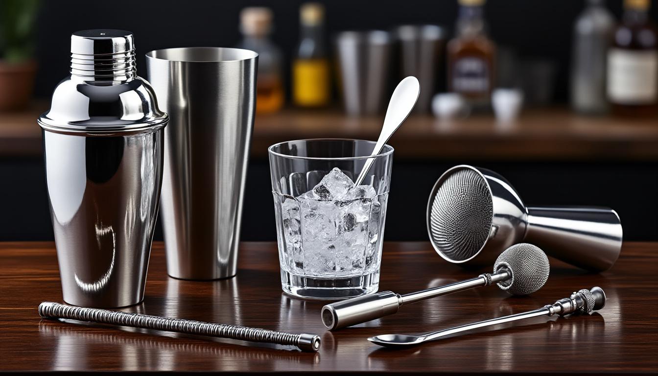 Le matériel indispensable du bartender maison (shaker Boston vs Cobbler, jigger, mixing glass, cuillère, muddler, strainers)
