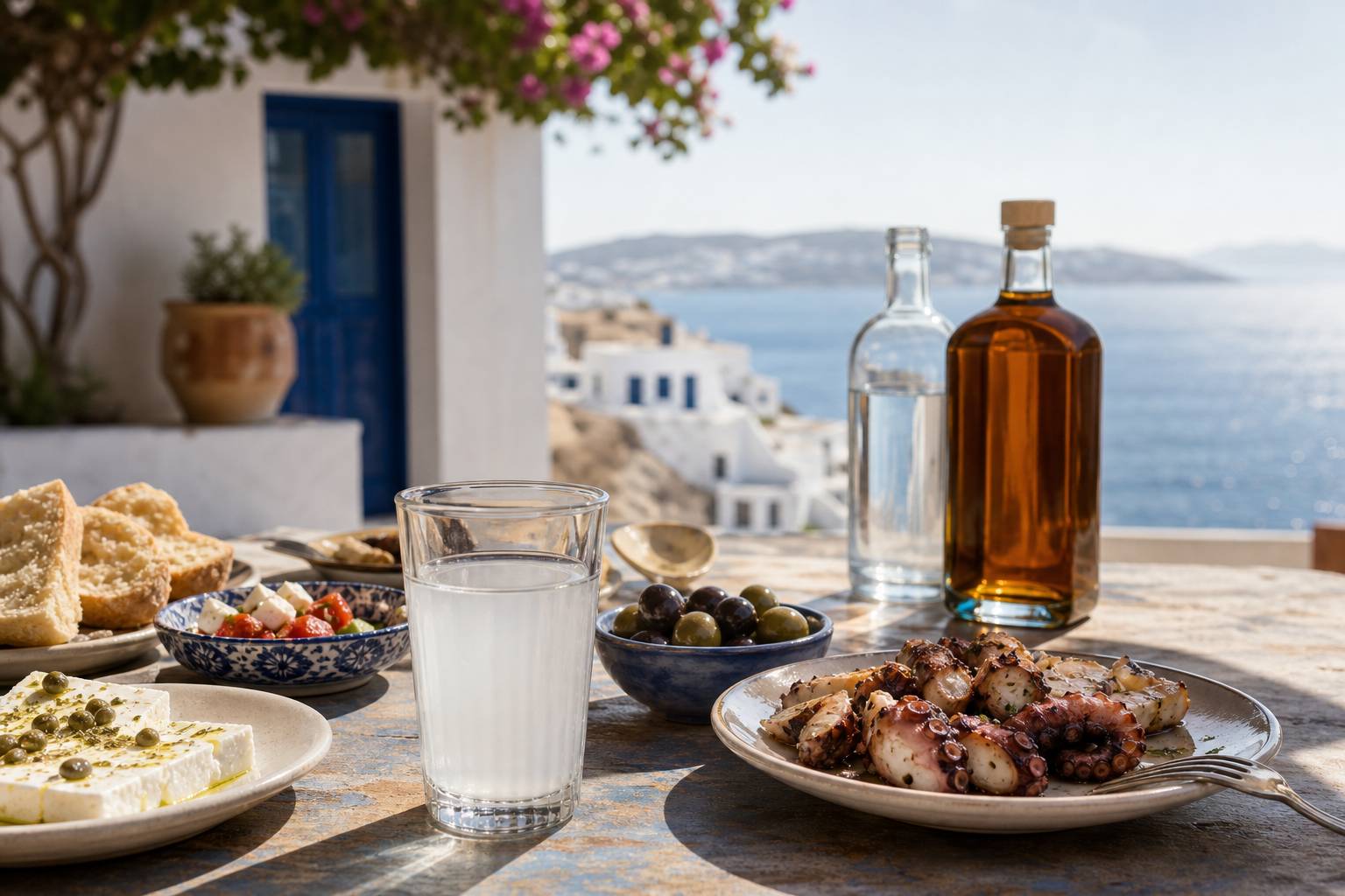 Verre d ouzo grec servi avec mezzes et vue sur la mer Egee et architectures blanches