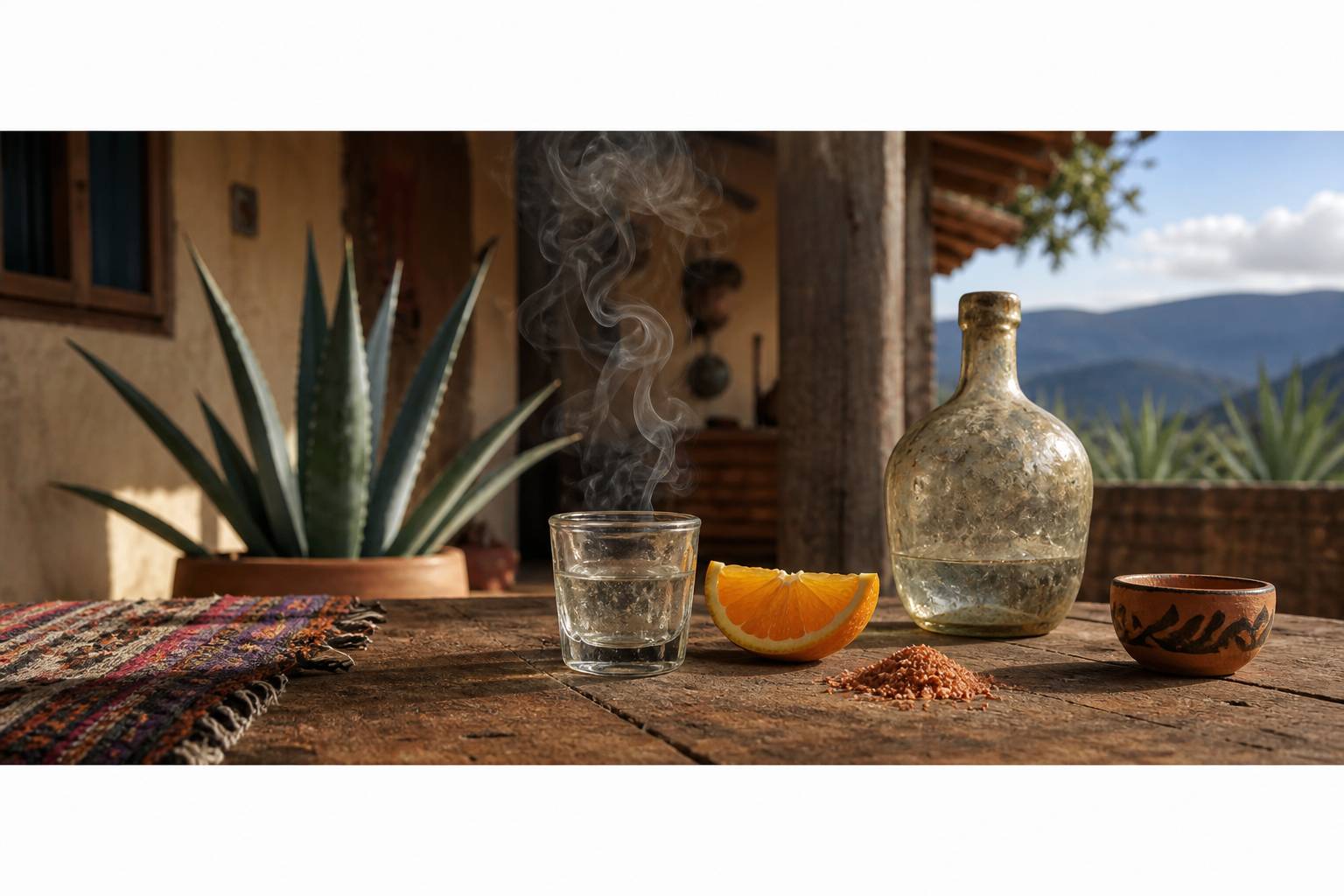 Verre de mezcal fume servi avec orange et sel au piment ambiance mexicaine rustique