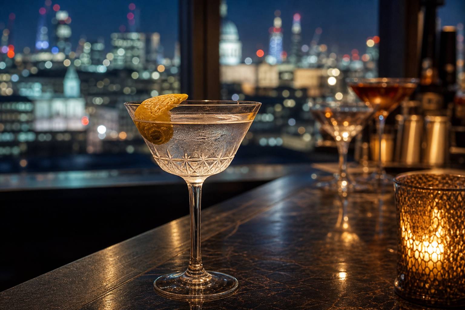 Cocktail London Calling au gin avec vue de Londres la nuit en arriere-plan flou