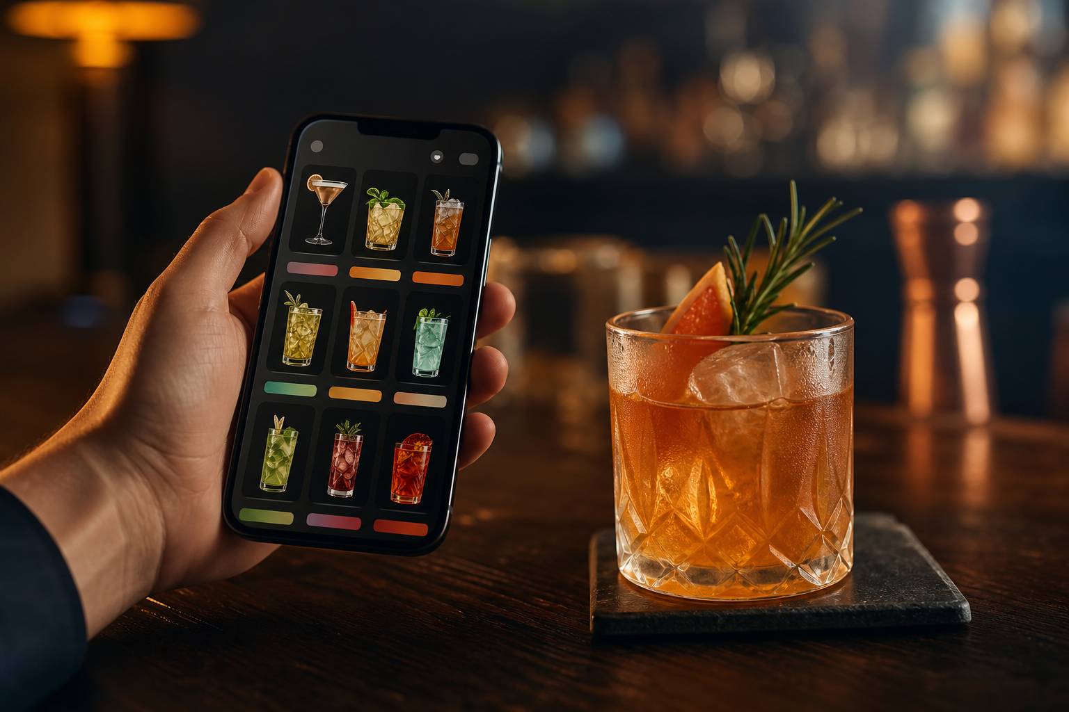 Main tenant un smartphone affichant une application de cocktails a cote d un verre artisanal