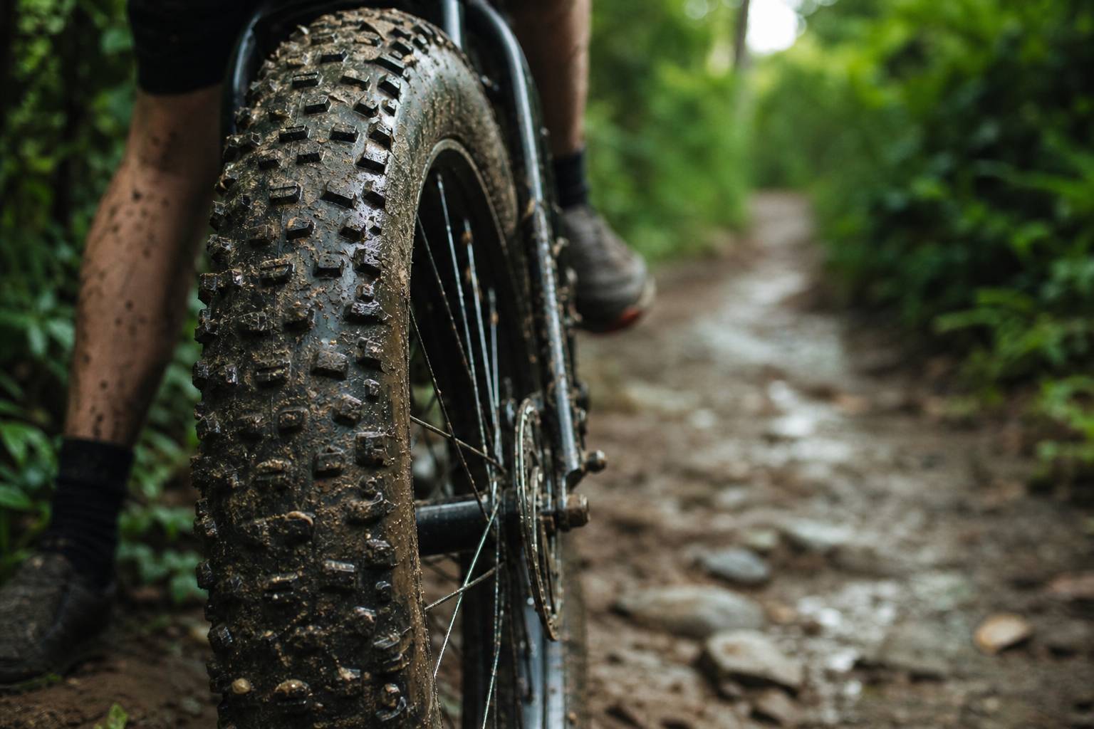 Gros plan d'un pneu large Fat Tire sur vélo tout-terrain dans un sentier forestier