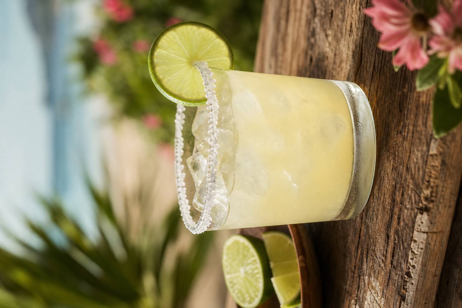 Cocktail Daisy à la tequila sur table en bois avec verre givré au sel et citron vert