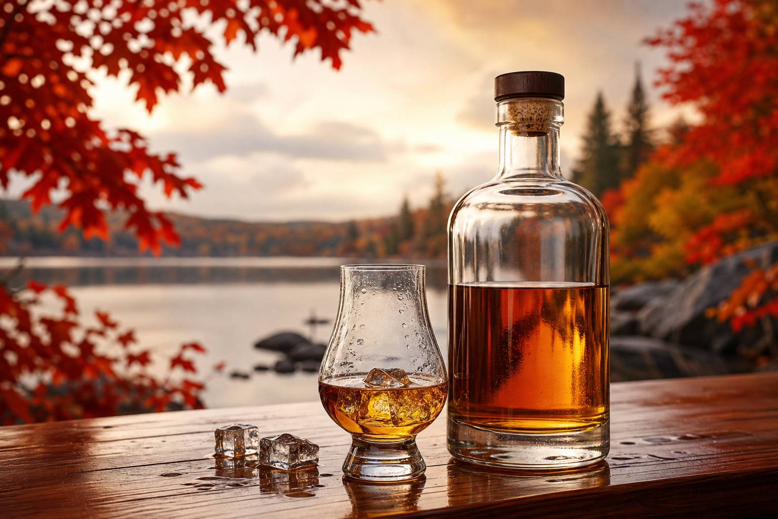 Bouteille de whisky canadien près d'un verre de dégustation avec glaçons et paysage d'érables