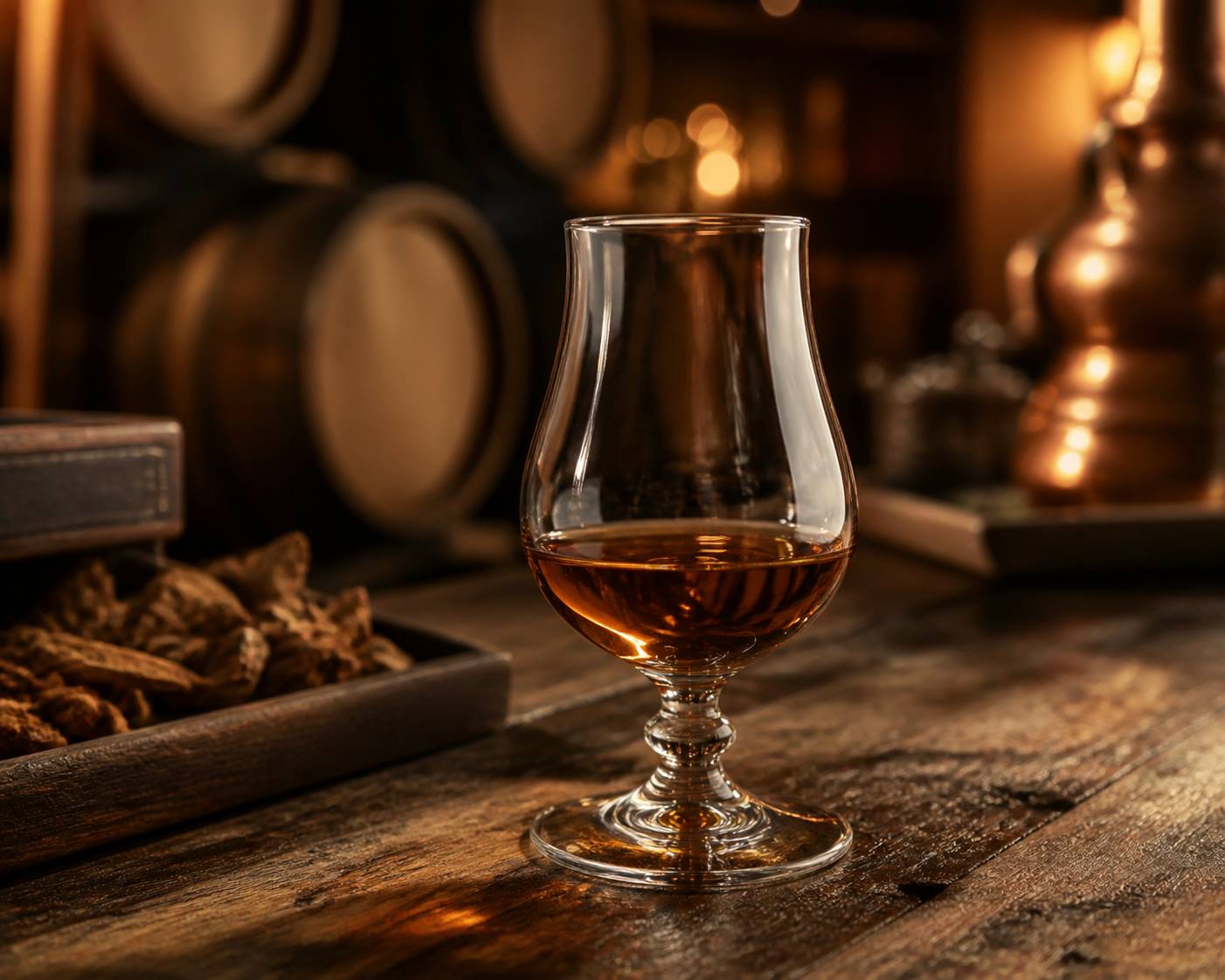 Dégustation de rhum Ron Zacapa XO en verre de cristal sur table en bois avec fûts de chêne