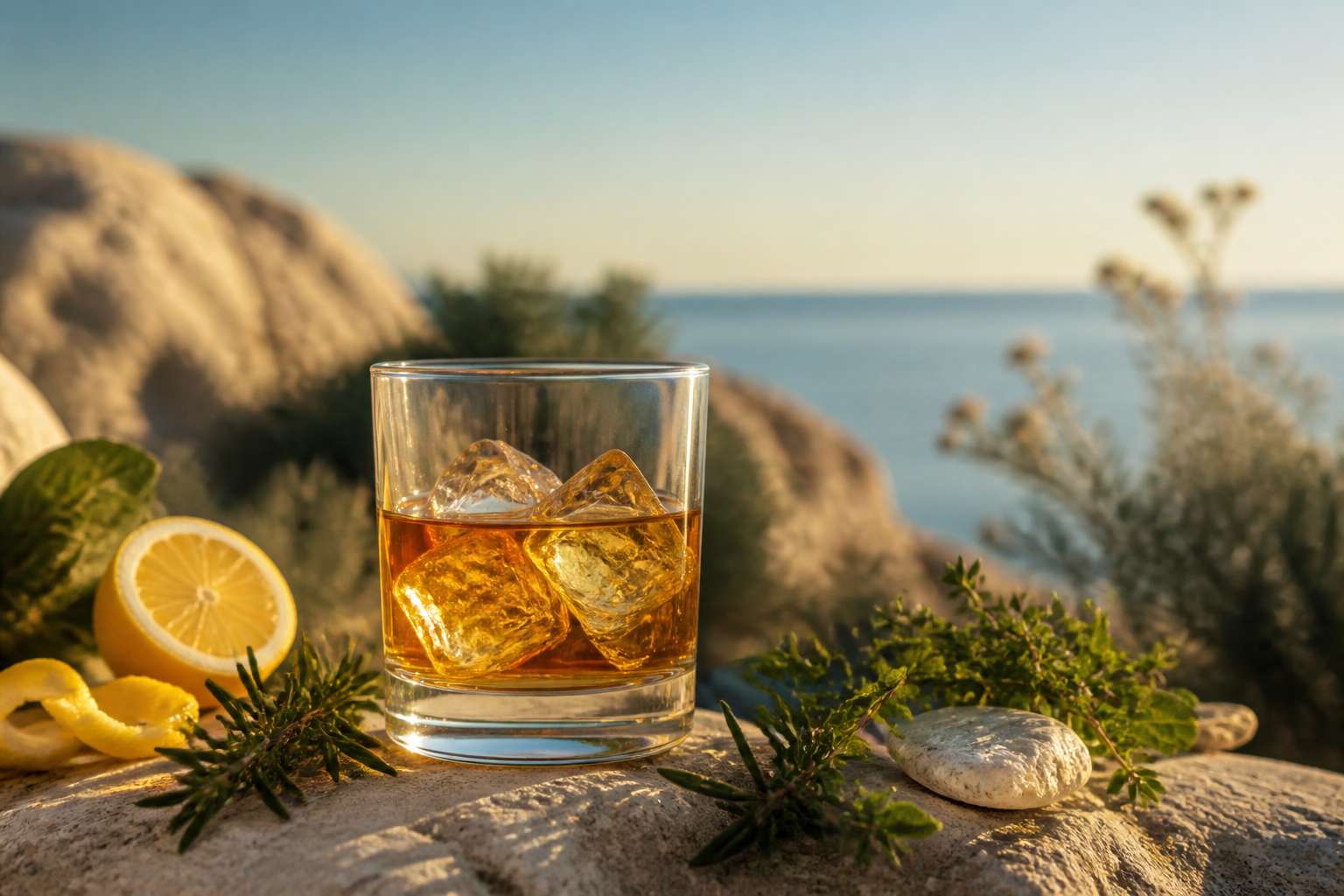 Bouteille de Vecchio Amaro del Capo et liqueur ambre herbes mediterraneennes