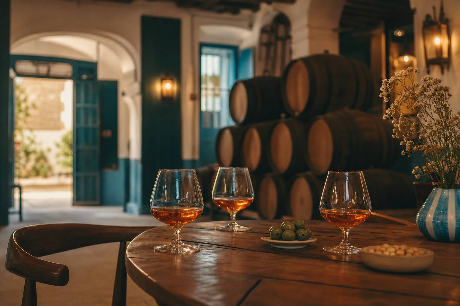 Bar à brandy ambiance espagnole fûts solera et verres ambrés