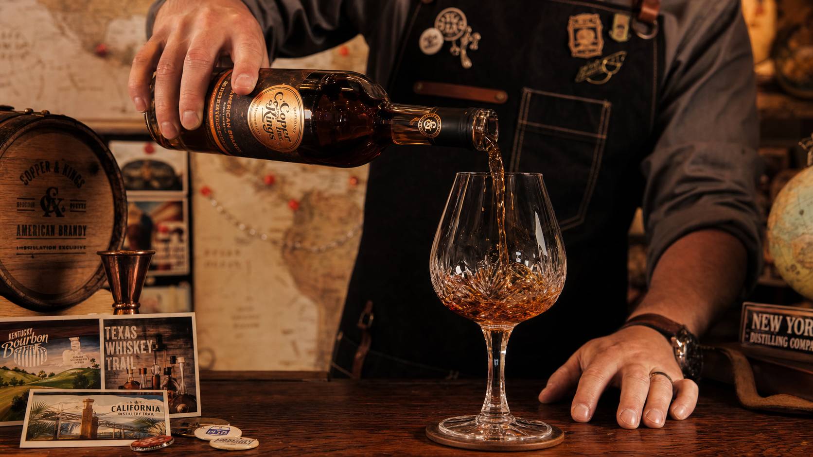 Barman versant du brandy américain dans un verre, décor de voyage et cartes du monde en arrière-plan