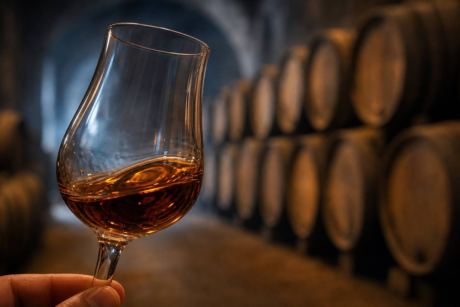 Brandy espagnol servi en verre tulipe, avec fûts de solera en arrière-plan