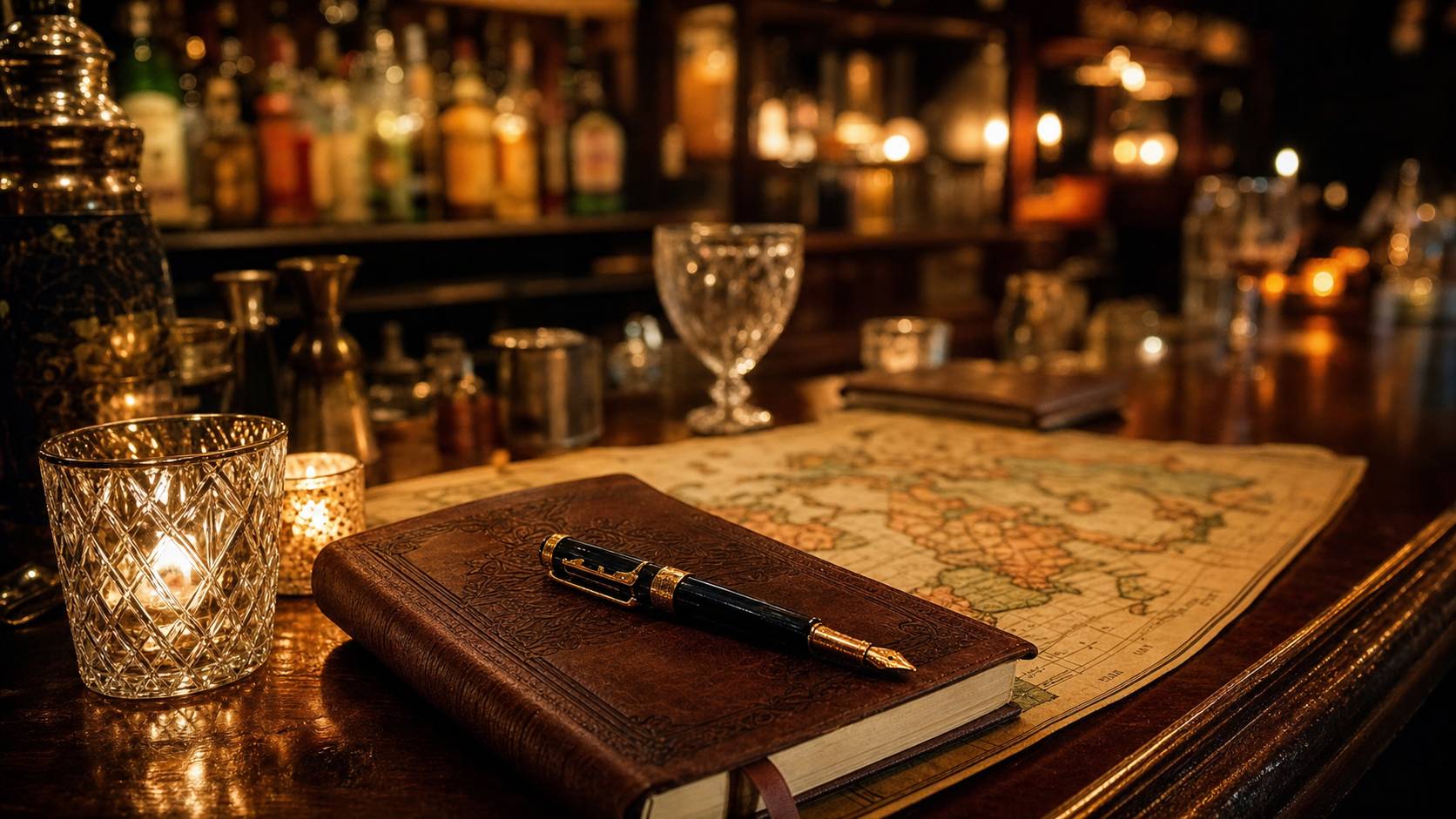 Carnet en cuir et stylo sur comptoir de bar avec verres à cocktail