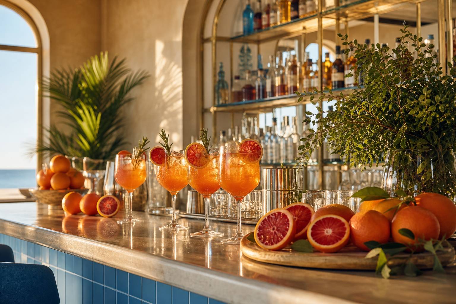 Bar à cocktails avec agrumes oranges sanguines fraîcheur