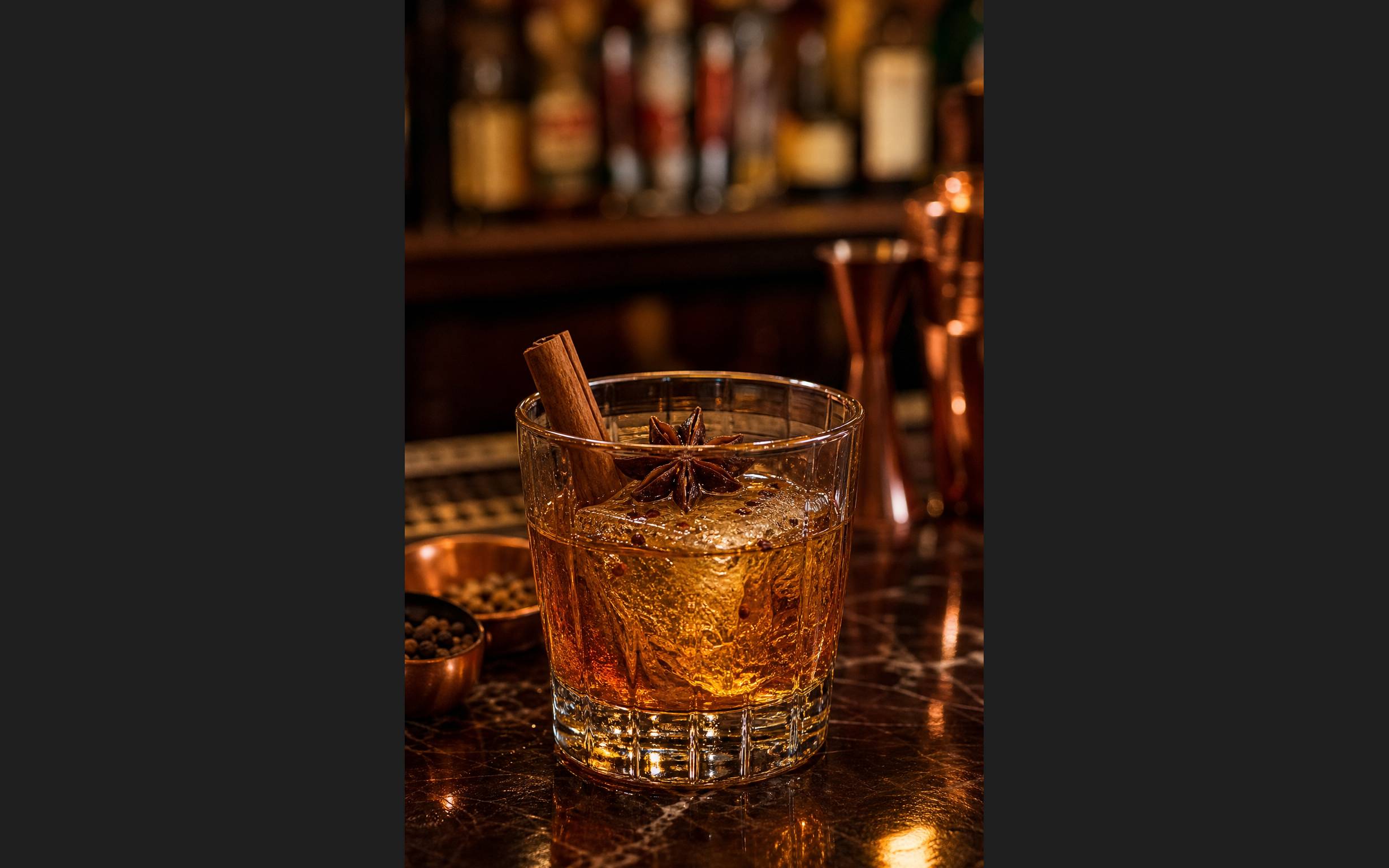 Cocktail aux epices avec cannelle et badiane dans un verre old fashioned