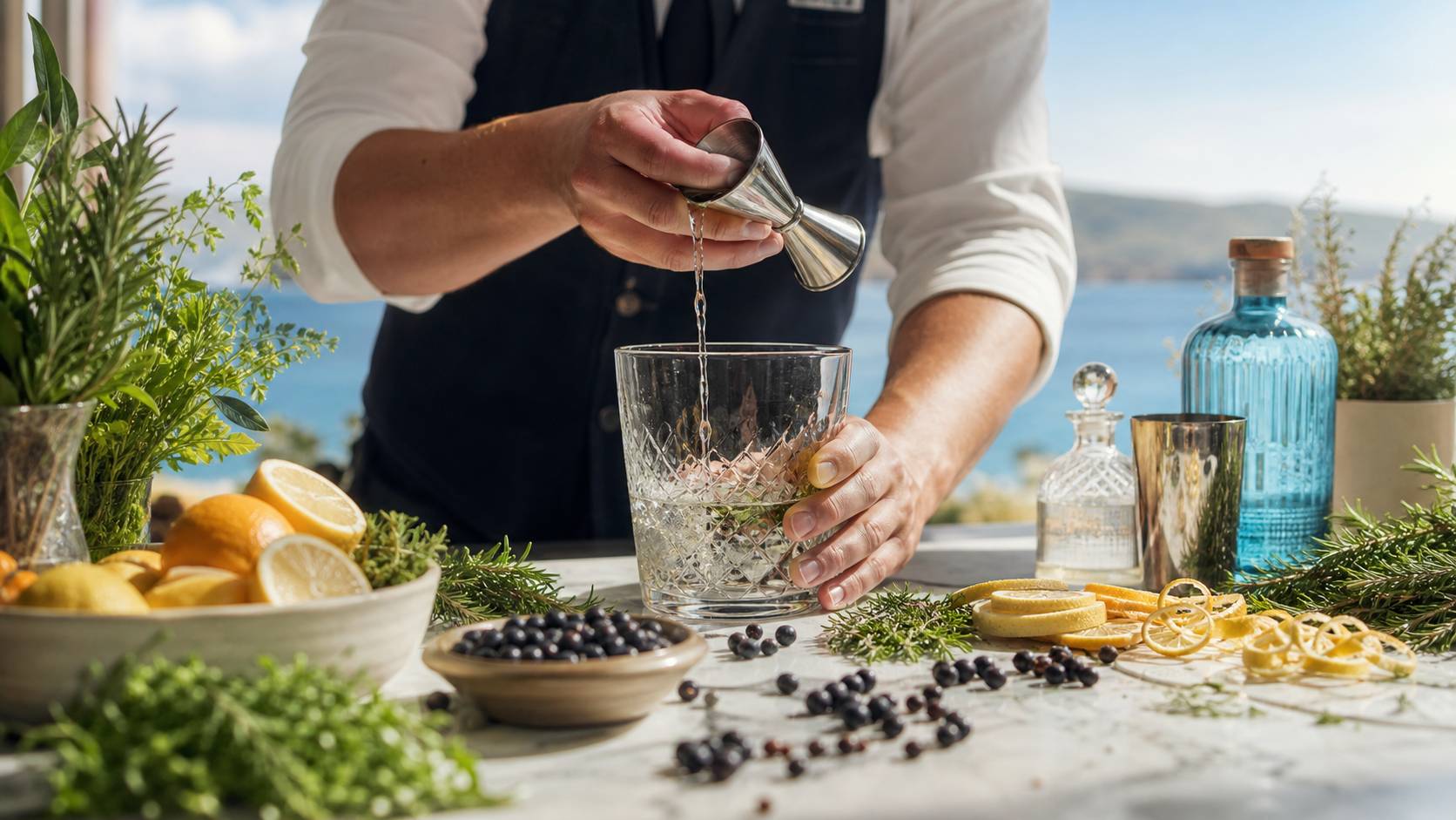 Préparation d'un cocktail au jigger avec gin et agrumes frais sur le bar