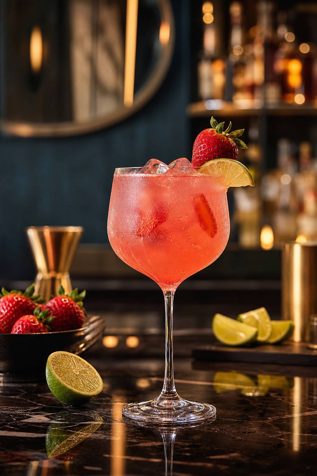 Cocktail rose a la fraise et a la tequila servi dans un verre elegant avec glacons