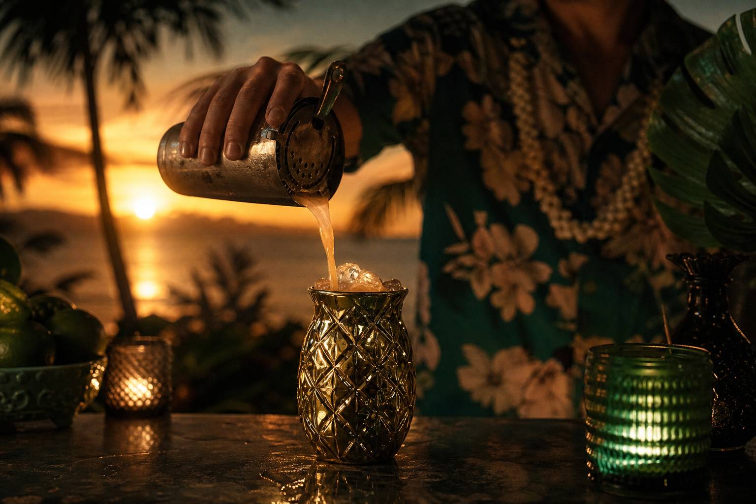 Barman versant un cocktail Tiki dans une coupe ananas avec palmiers et coucher de soleil polynésien