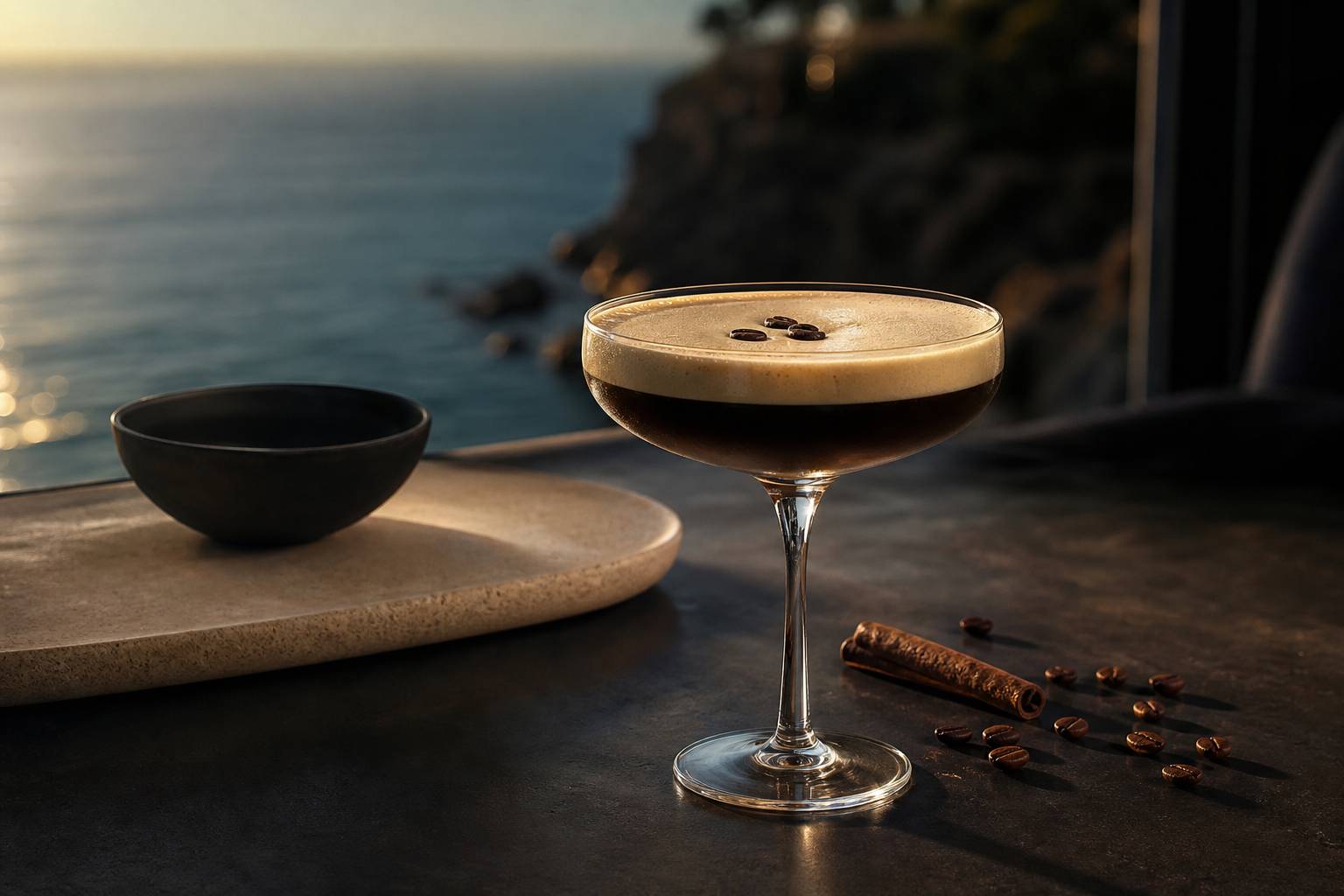 Verre de cocktail vodka-espresso sur table marbre ambiance sophistiquee