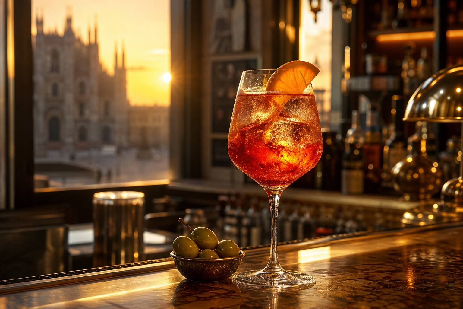Apéritif italien Cappelletti servi dans un verre ambiance aperitivo milanais au sunset