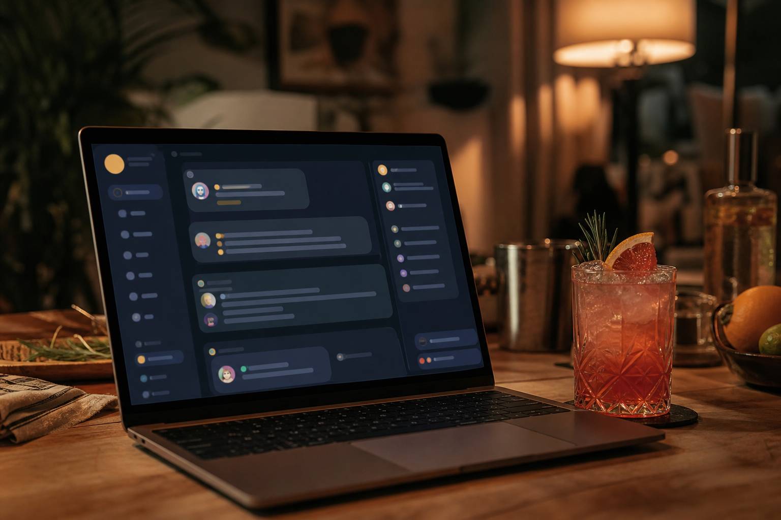 Ordinateur portable avec verre à cocktail représentant un forum d'échanges entre passionnés
