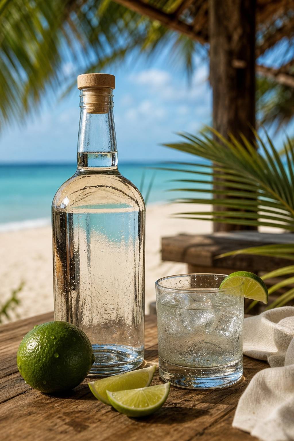 Rhum blanc Bacardi Carta Blanca servi avec glaçons dans un cadre de plage tropicale