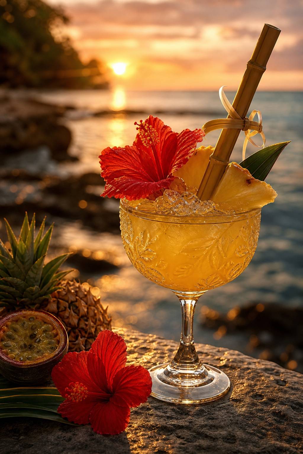 Cocktail tiki coloré dans une coupe décorée ambiance plage paradisiaque au coucher du soleil