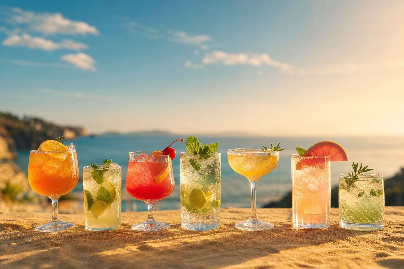 Cocktails colores sur un comptoir elegants et appetissants