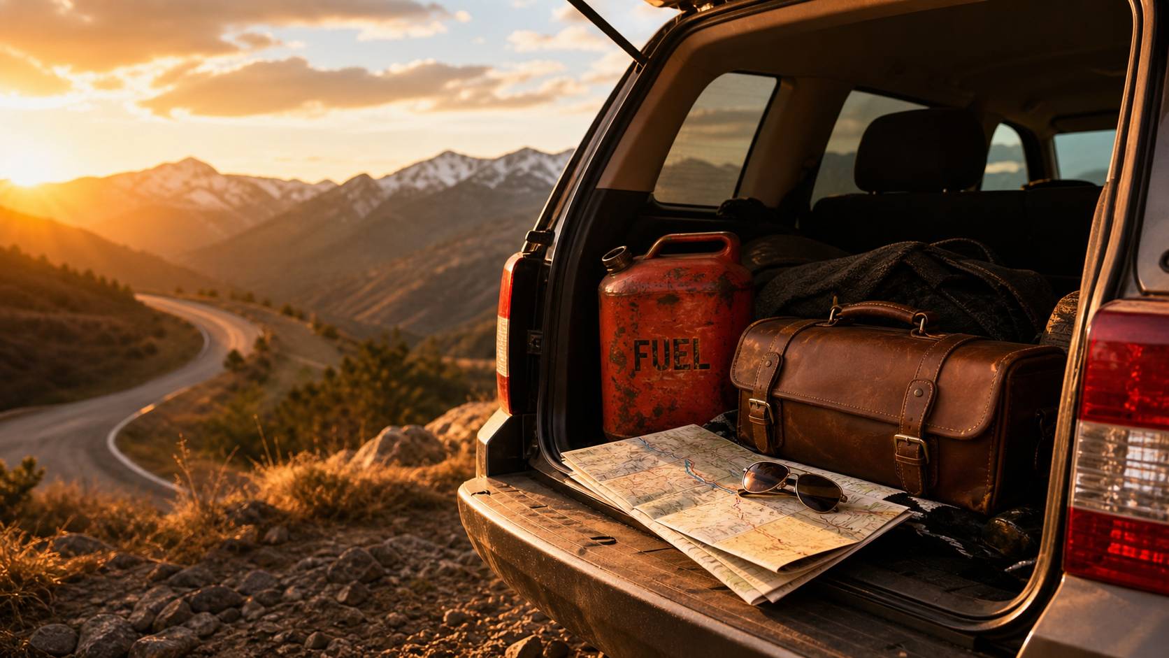 Coffre de voiture préparé pour l'aventure avec bidon d'essence et carte, départ en voyage