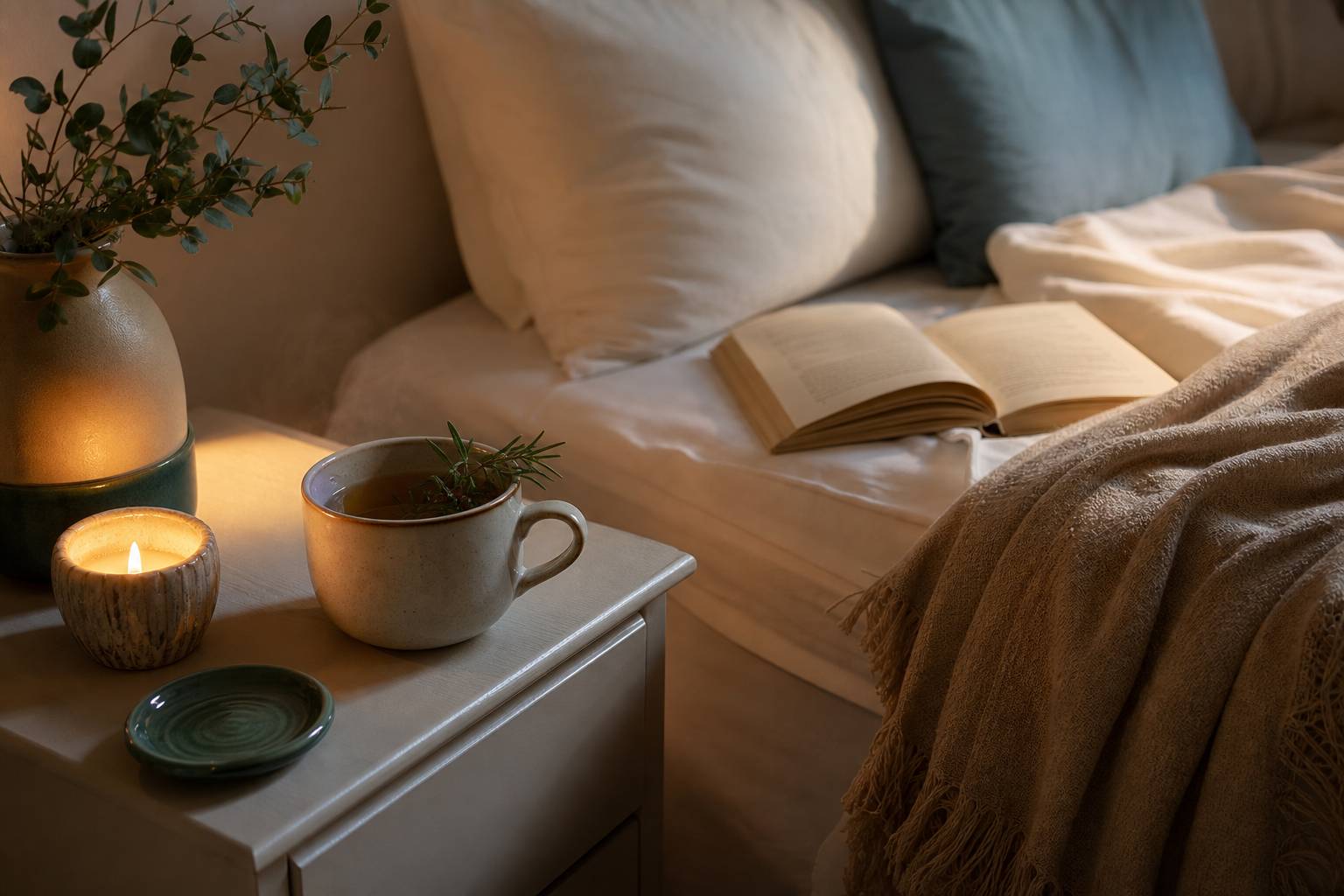 Tisane bougie livre ouvert détente soirée rituel sommeil apaisant bien-être