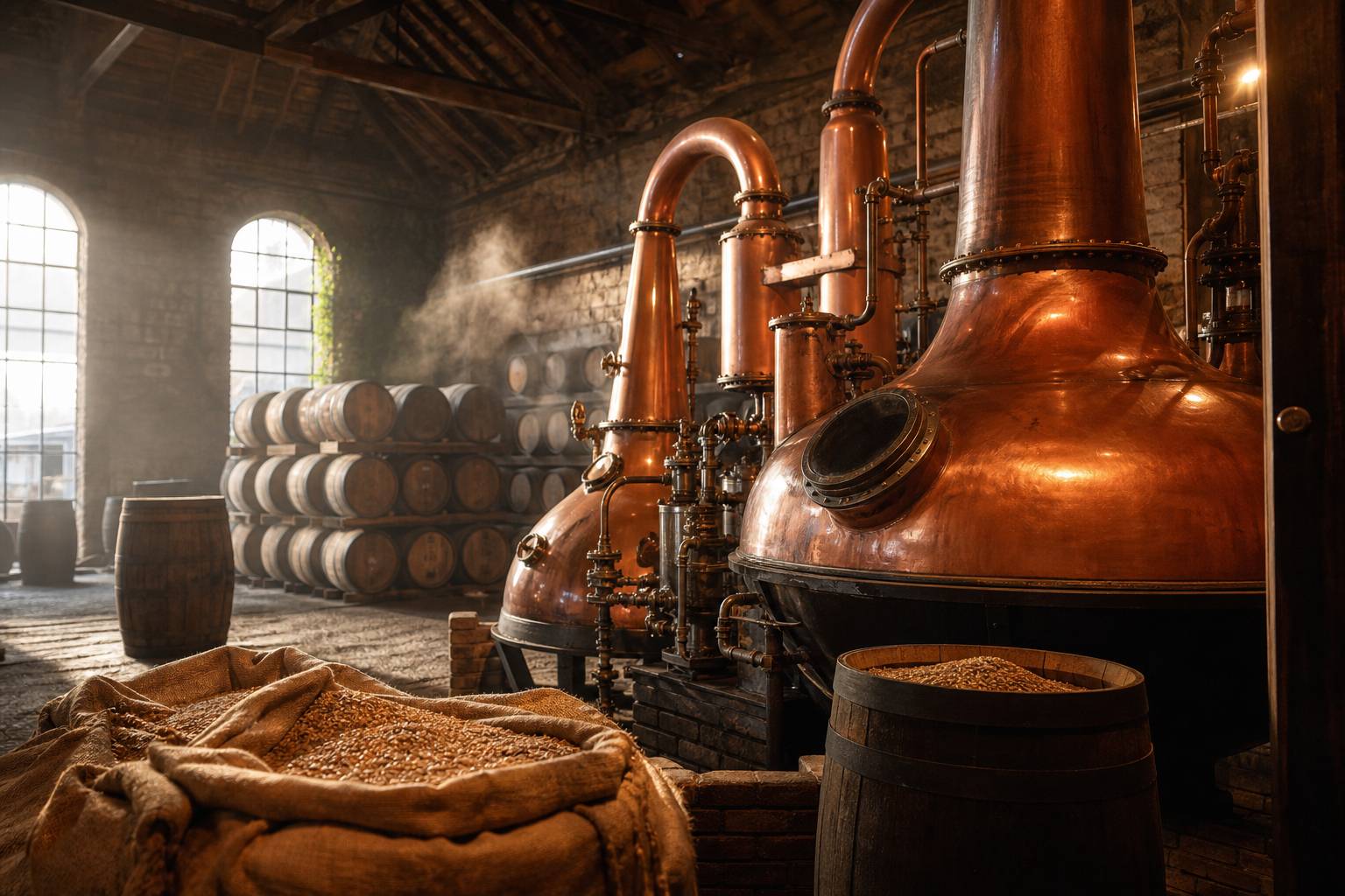 Alambics en cuivre et futs de chene dans une distillerie irlandaise artisanale traditionnelle