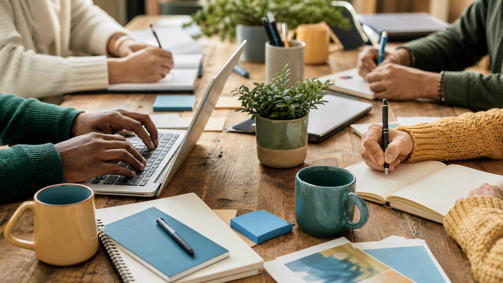 Espace d'échange et de discussion avec claviers et cahiers sur table