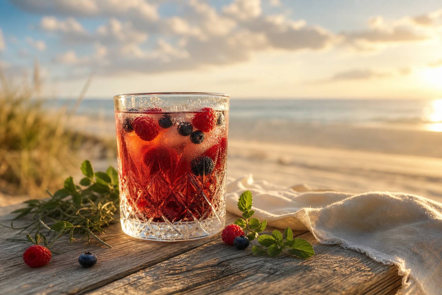 Cocktail aux baies framboises et myrtilles dans un verre en cristal sur table en bois, lumière dorée