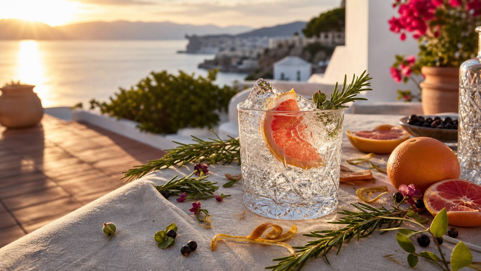 Verre de gin tonic sur terrasse méditerranéenne au coucher du soleil, voyage et détente