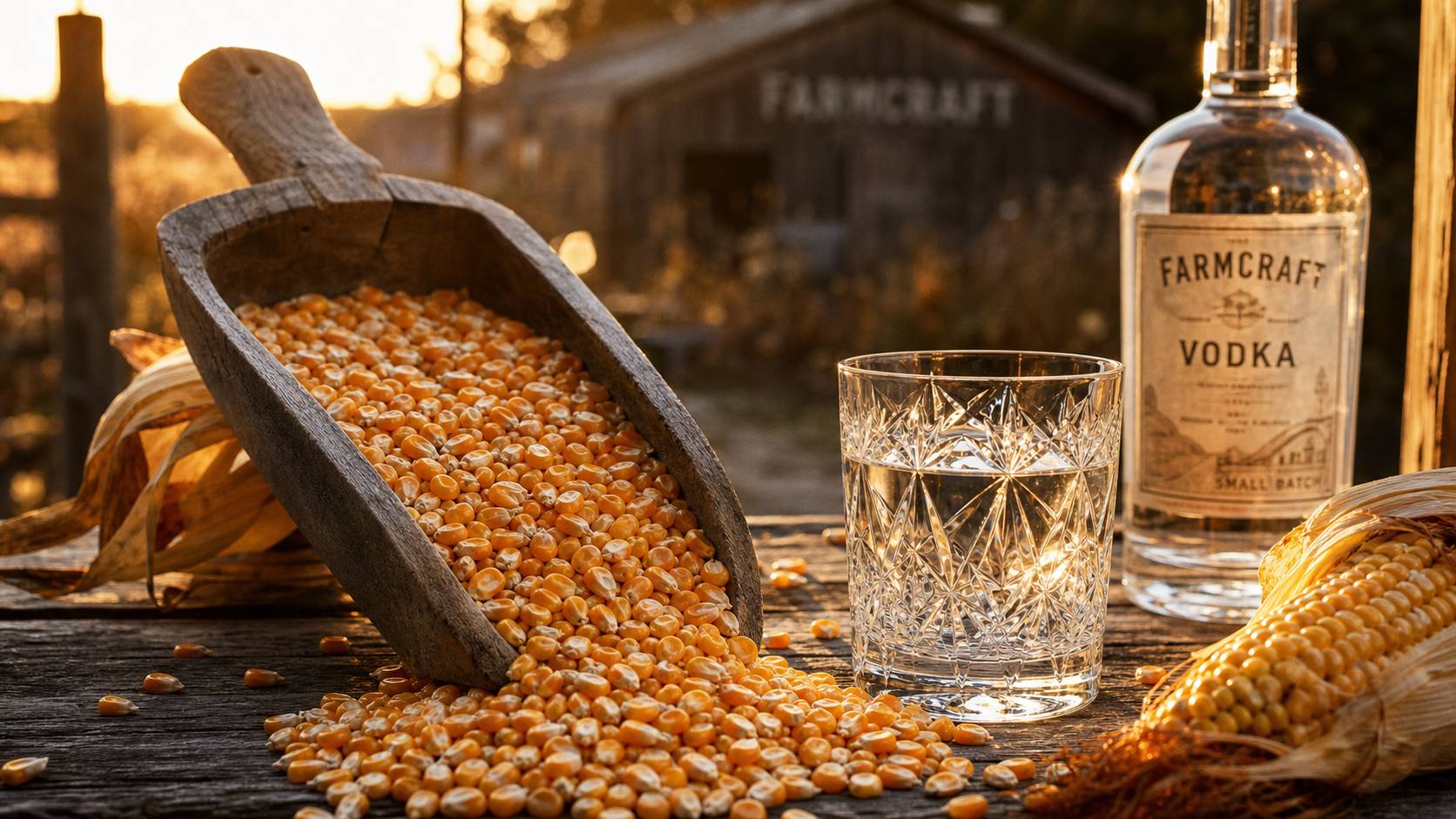 Grains de maïs dorés versés près d'un verre à vodka concept ferme-distillerie