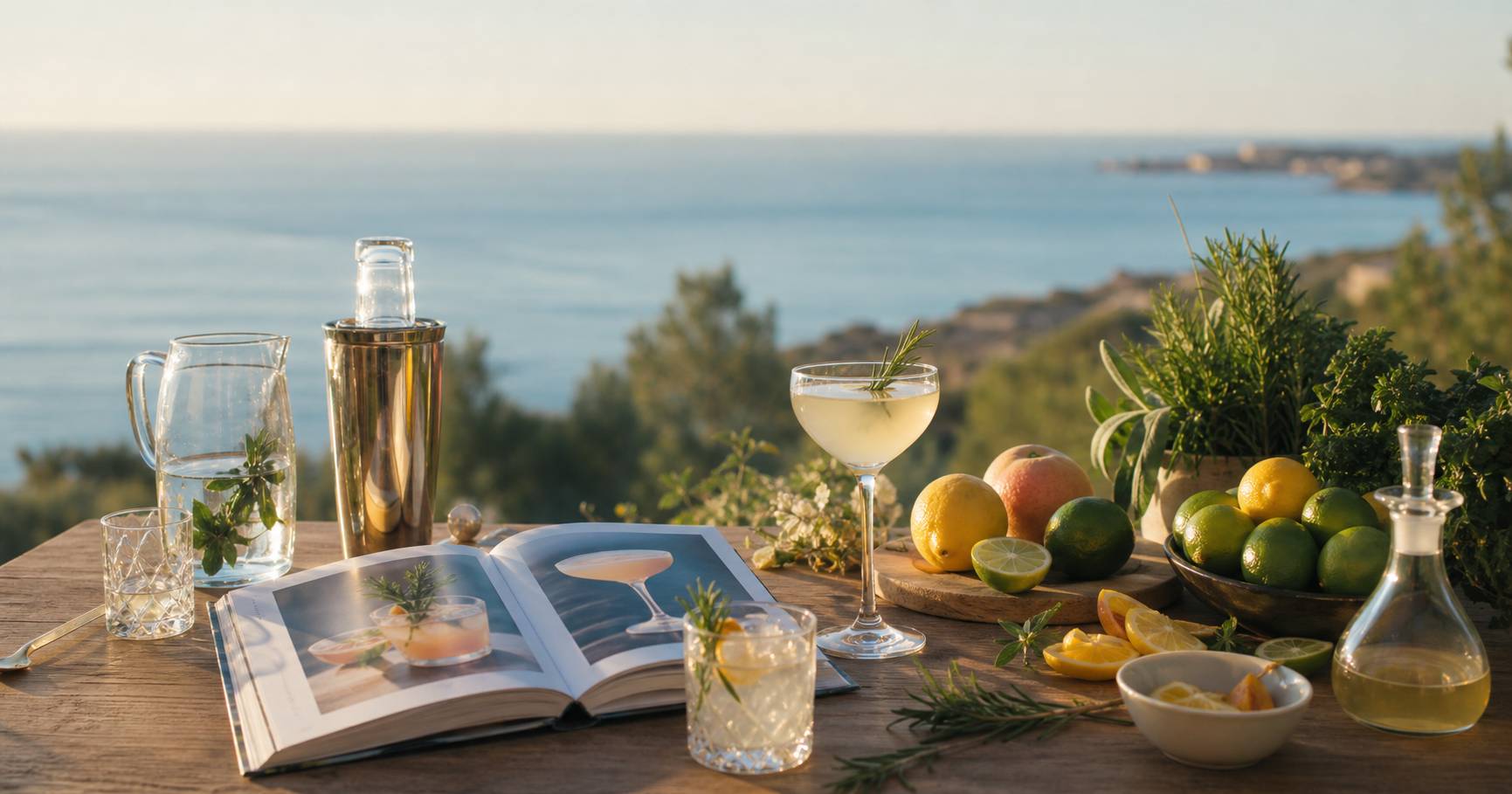 Guide interactif de cocktails avec verres et ingrédients frais disposés