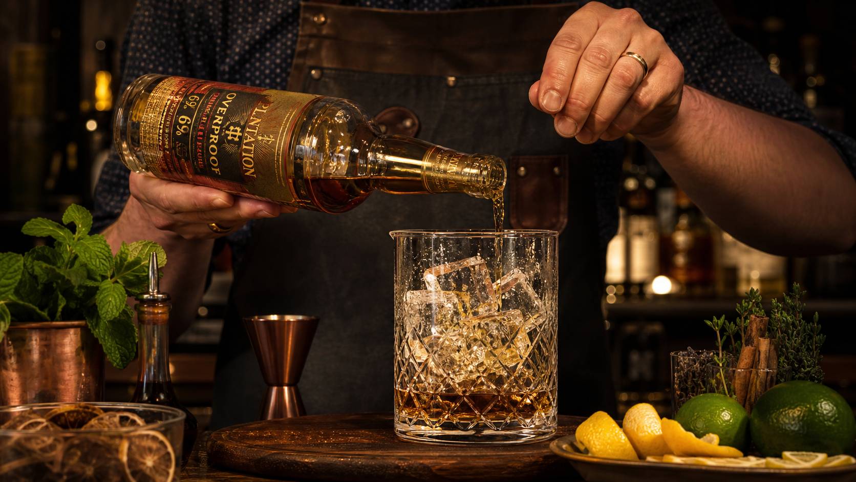 Barman versant du rhum overproof dans un verre à mélange avec glaçons