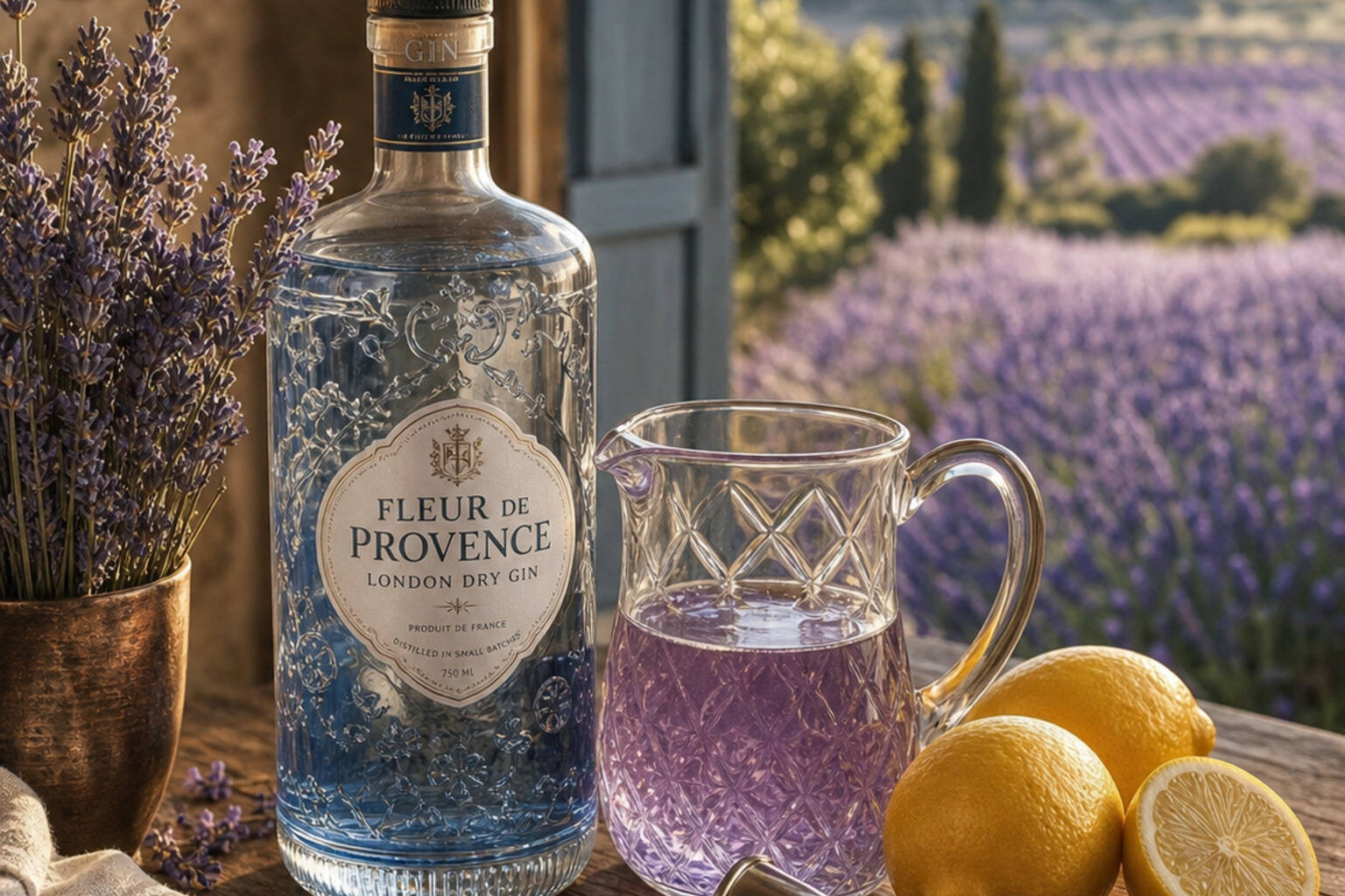 Ingrédients pour cocktail gin lavande : gin London Dry, lavande fraîche, citrons