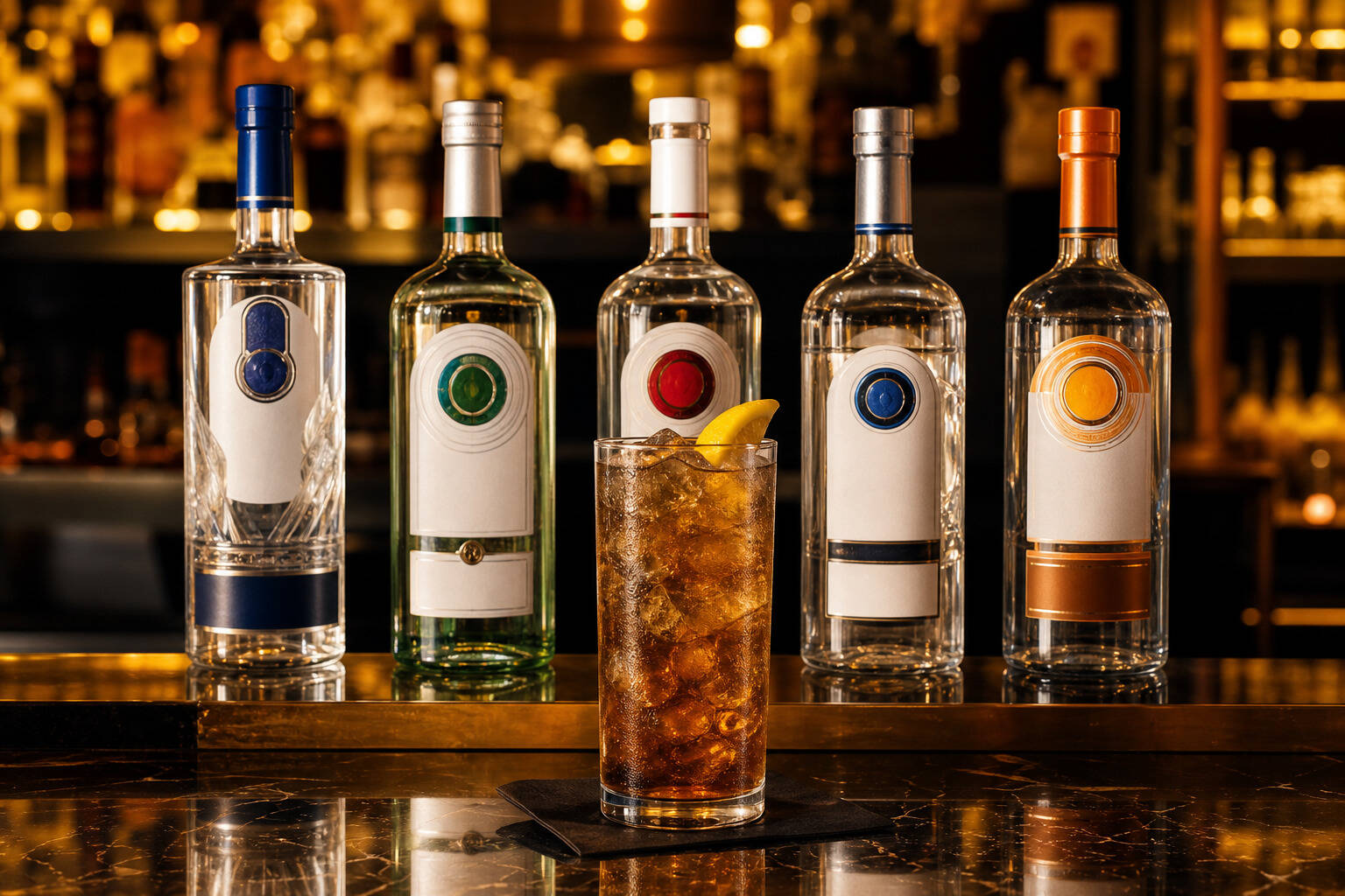 Cinq spiritueux pour Long Island Iced Tea : vodka, gin, rhum, tequila, triple sec