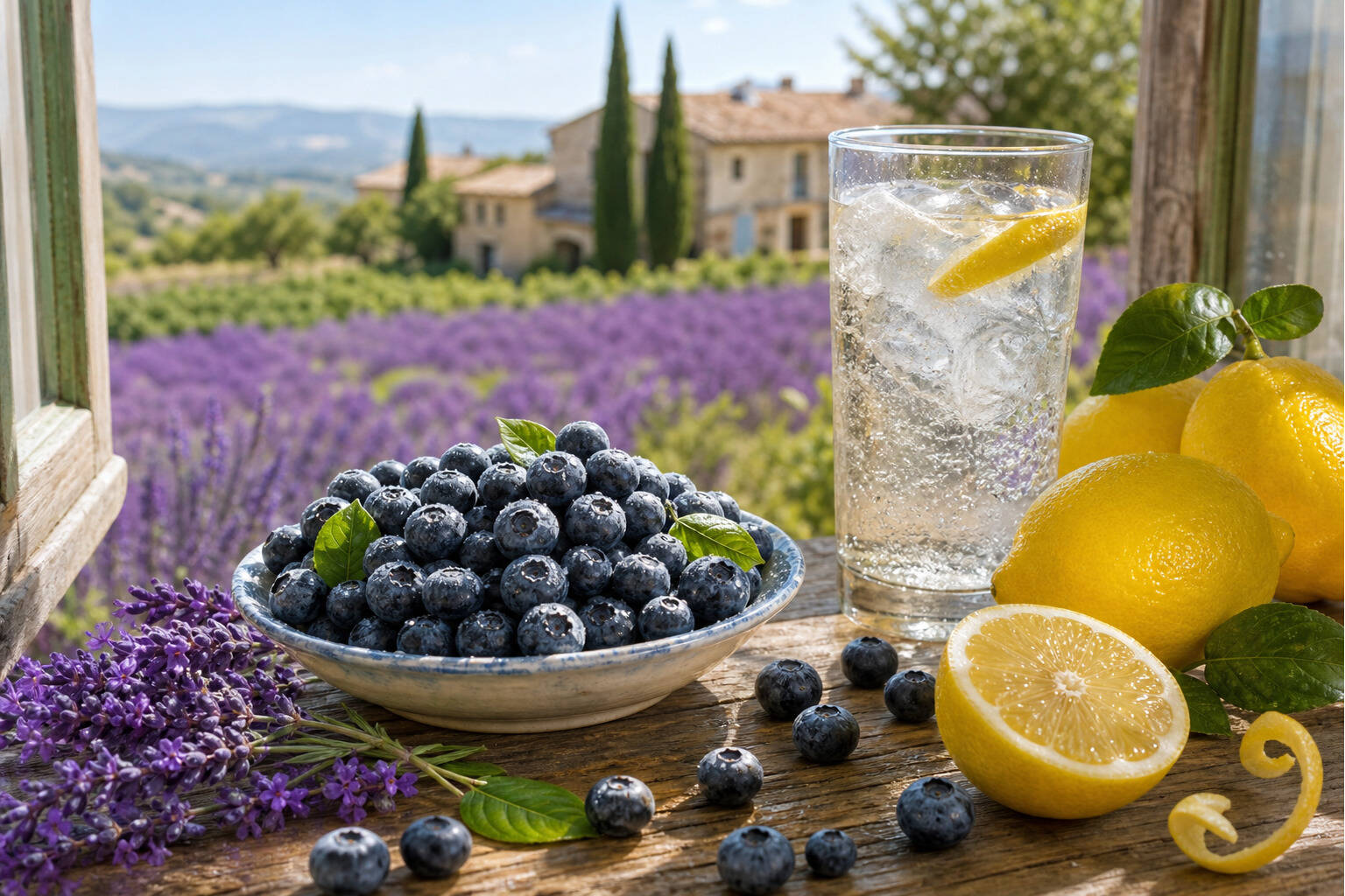 Myrtilles fraßches et citrons jaunes pour une boisson estivale pétillante