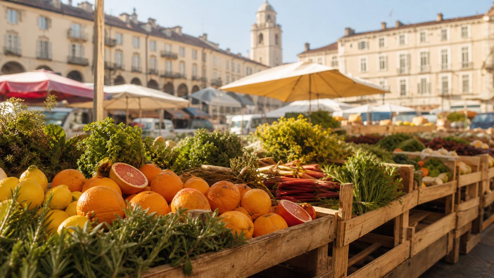 Étal du marché Porta Palazzo à Turin avec agrumes, herbes et produits locaux frais sur cagettes en bois