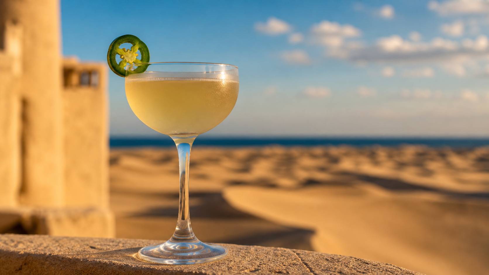 Verre de Martini épicé garni d une tranche de jalapeño, lumière chaude et ambiance apéritif voyageur