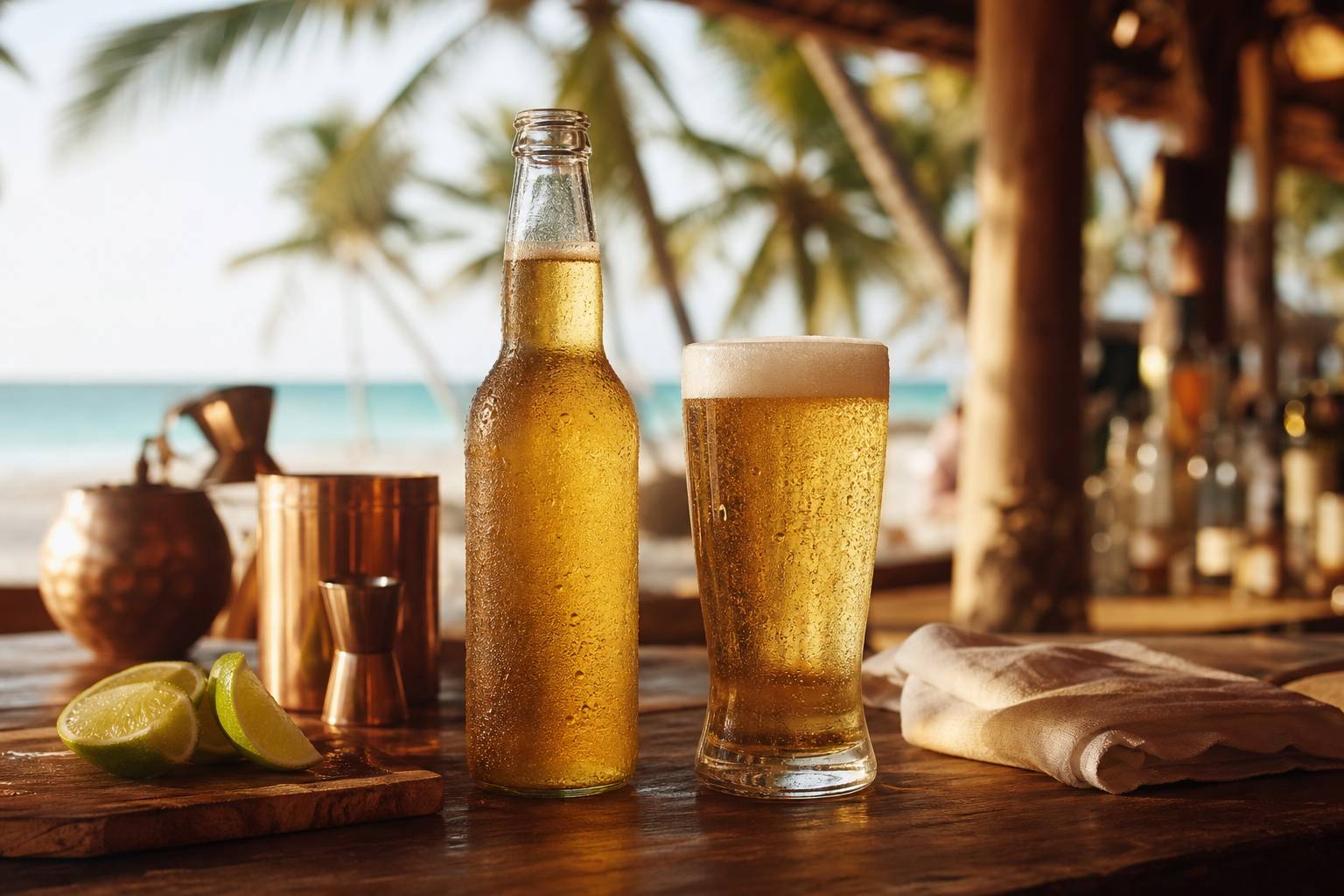 Bouteille de Medalla Light et verre frais pres de la plage avec citron vert