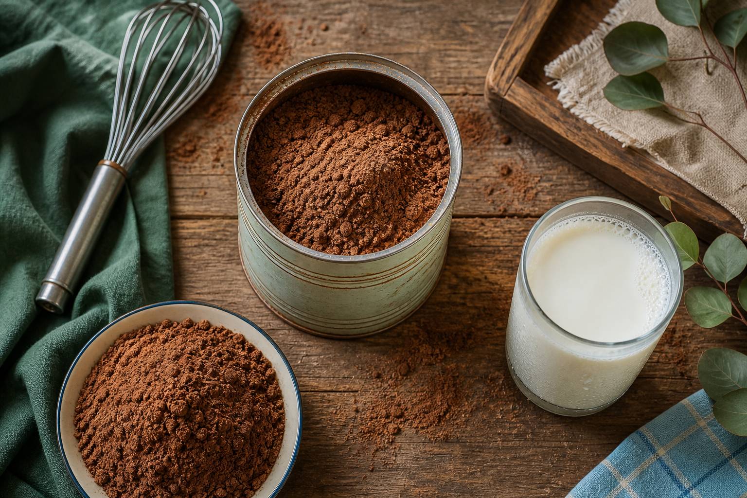 Composition à plat avec poudre de malt Milo, boîte vintage, verre de lait et fouet sur table en bois