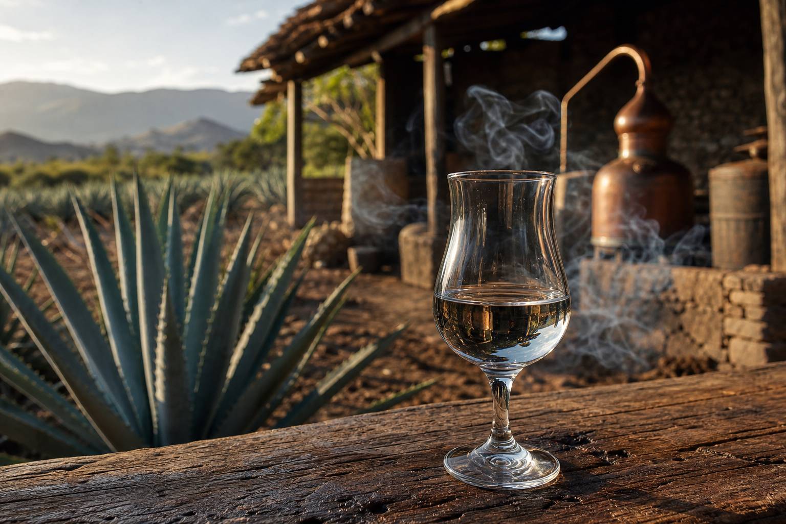 Verre de degustation de mezcal Monte Alban dans une distillerie artisanale mexicaine