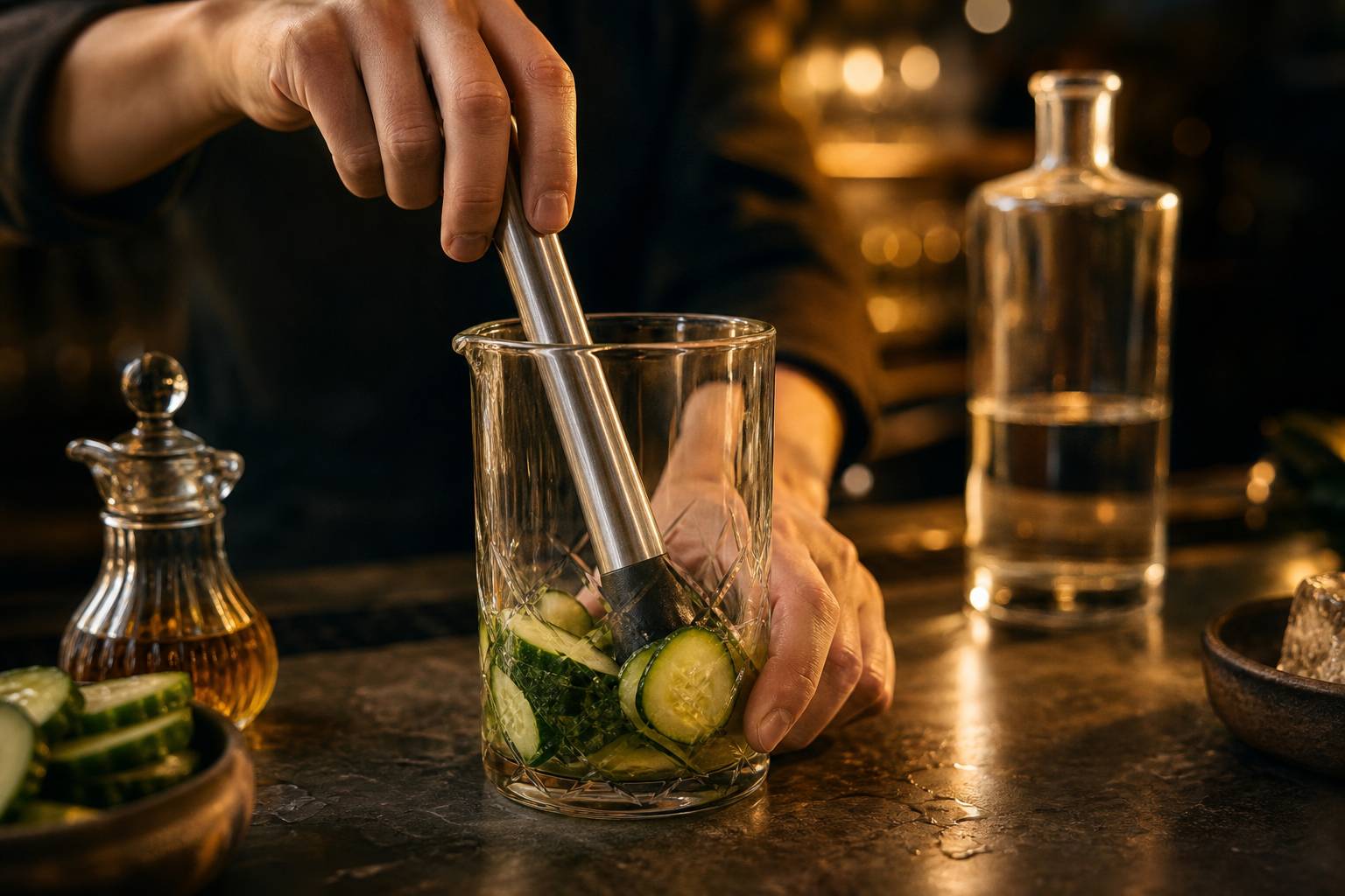 Préparation du Mezcal Mule avec concombre, nectar d'agave et mezcal
