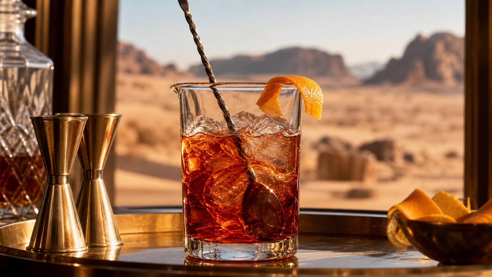 Cocktail Negroni en préparation dans un verre à mélange avec glace et cuillère de bar, garniture orange