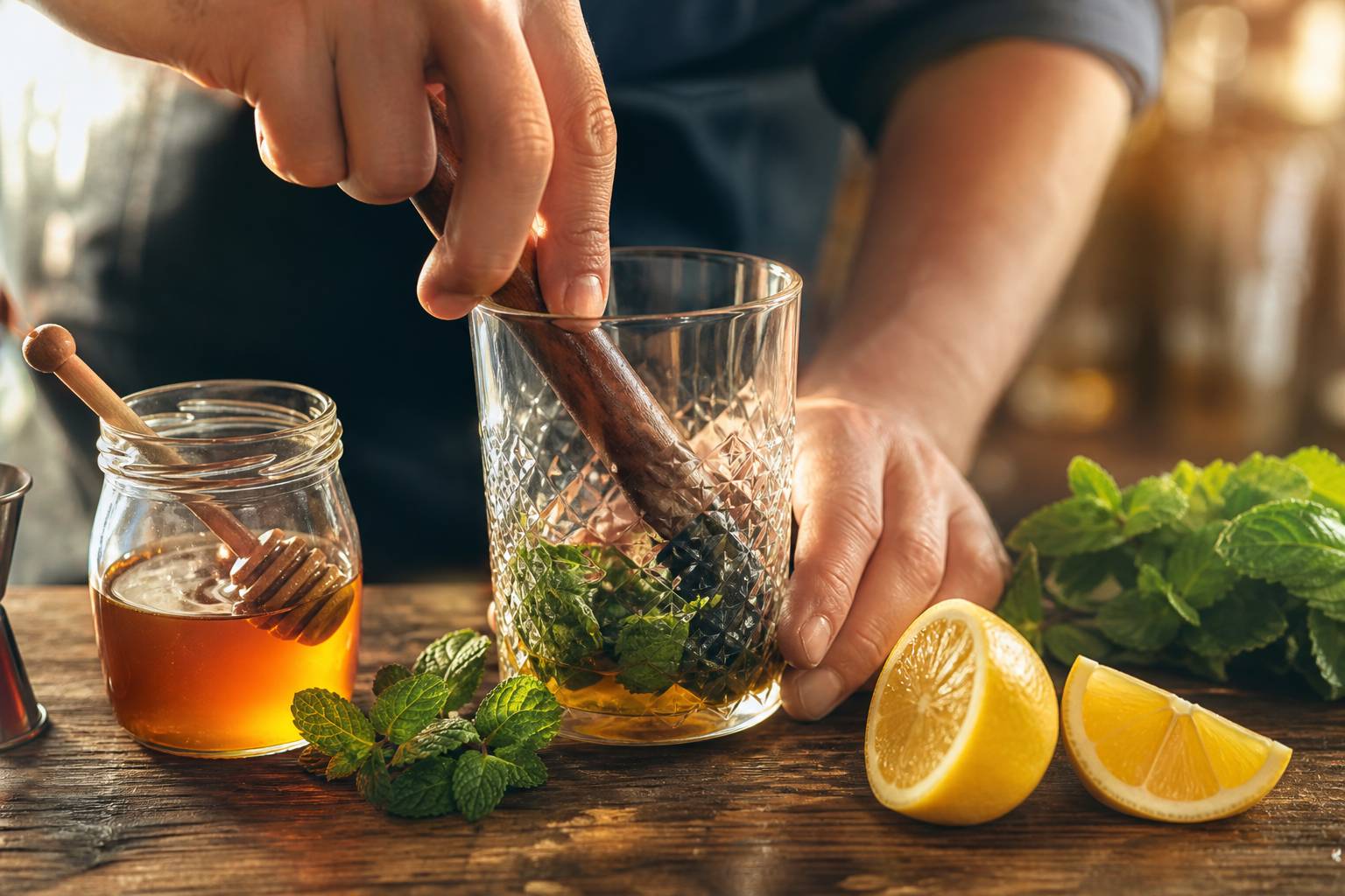 Préparation cocktail old fashioned miel herbes fraîches bar comptoir bois ingrédients artisanaux