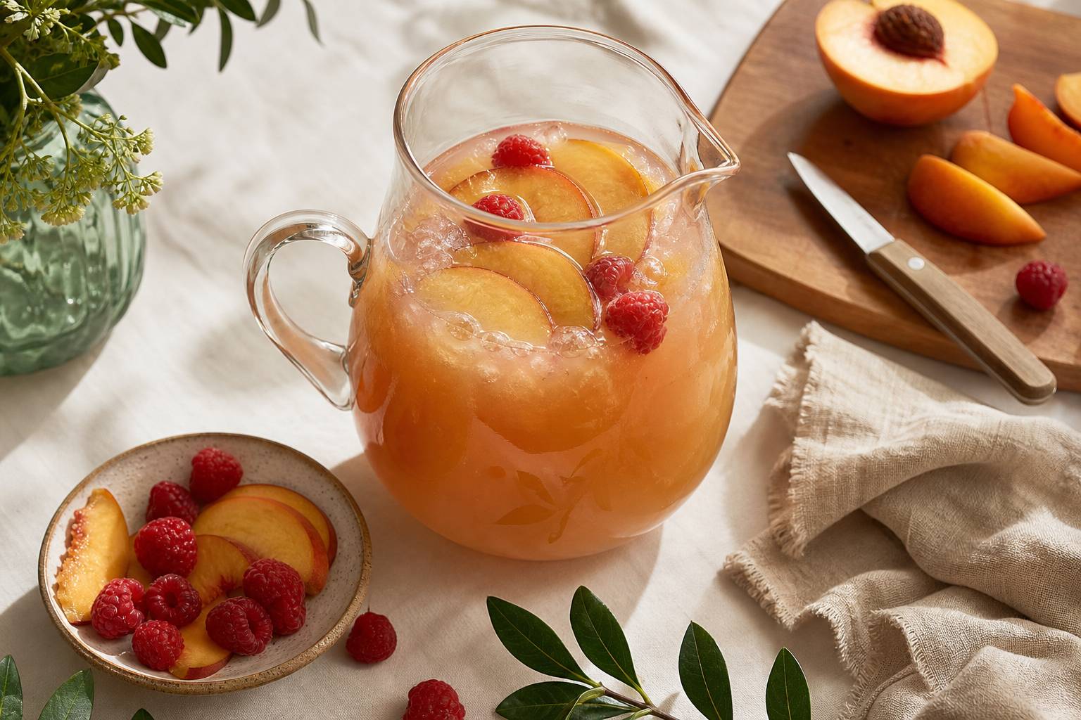 Pichet en verre de Bellini-Tini avec fruits frais pêche et framboise sur nappe blanche en lin