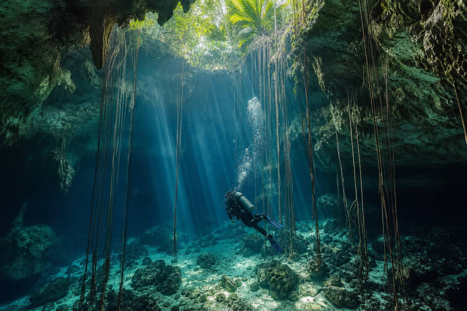 Plongee sous-marine dans un cenote maya aux eaux turquoise et formations rocheuses