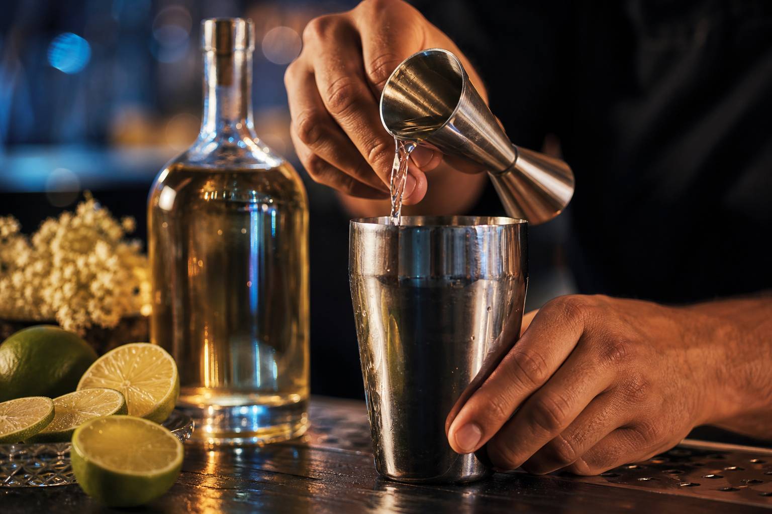 Préparation du French Gimlet avec jigger, shaker, citron vert et liqueur de sureau