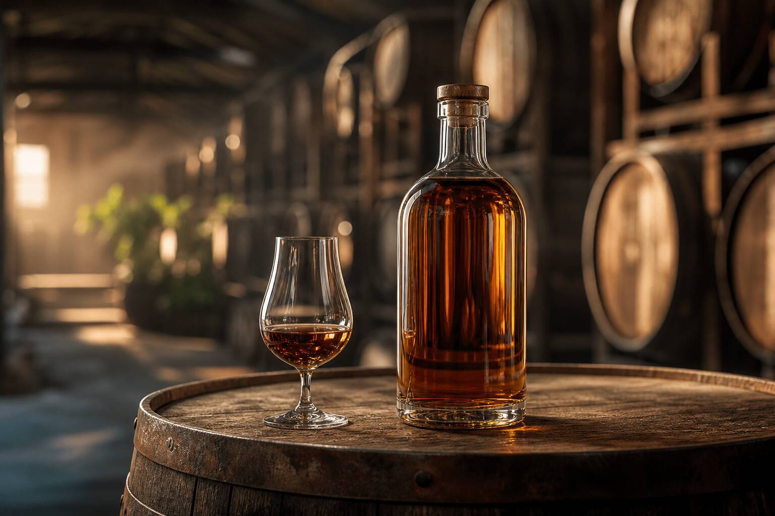 Rhum Quezalteca ambré dans un verre tulipe posé sur un fût en chêne dans un chai de vieillissement